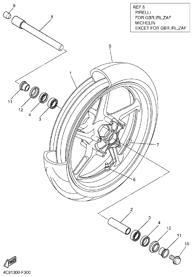 Yamaha R1 2008 FRONT WHEEL parts diagram